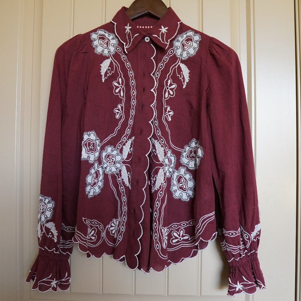 Anthropologie brown western embroidered button-down shirt tunic Size XXS